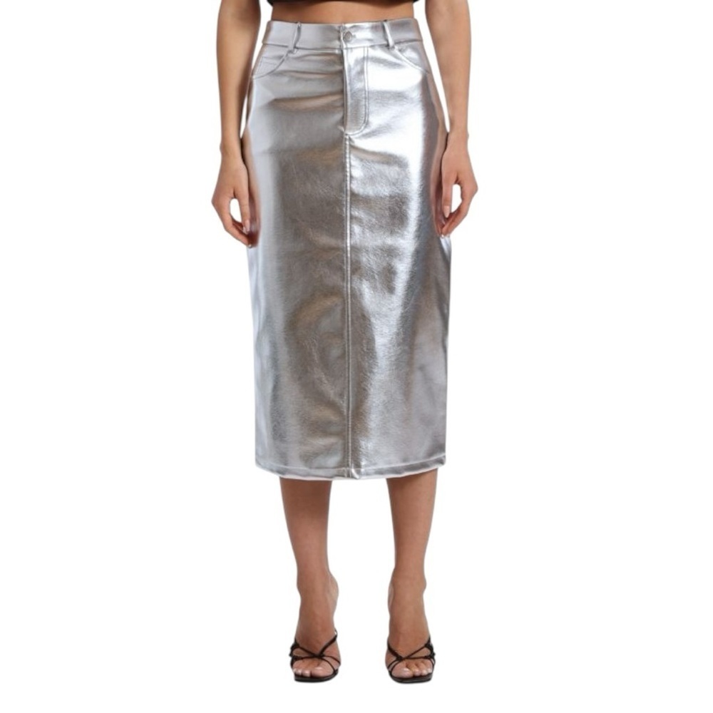 AVEC LES FILLES Metallic Faux Leather Midi Skirt SZ XS New